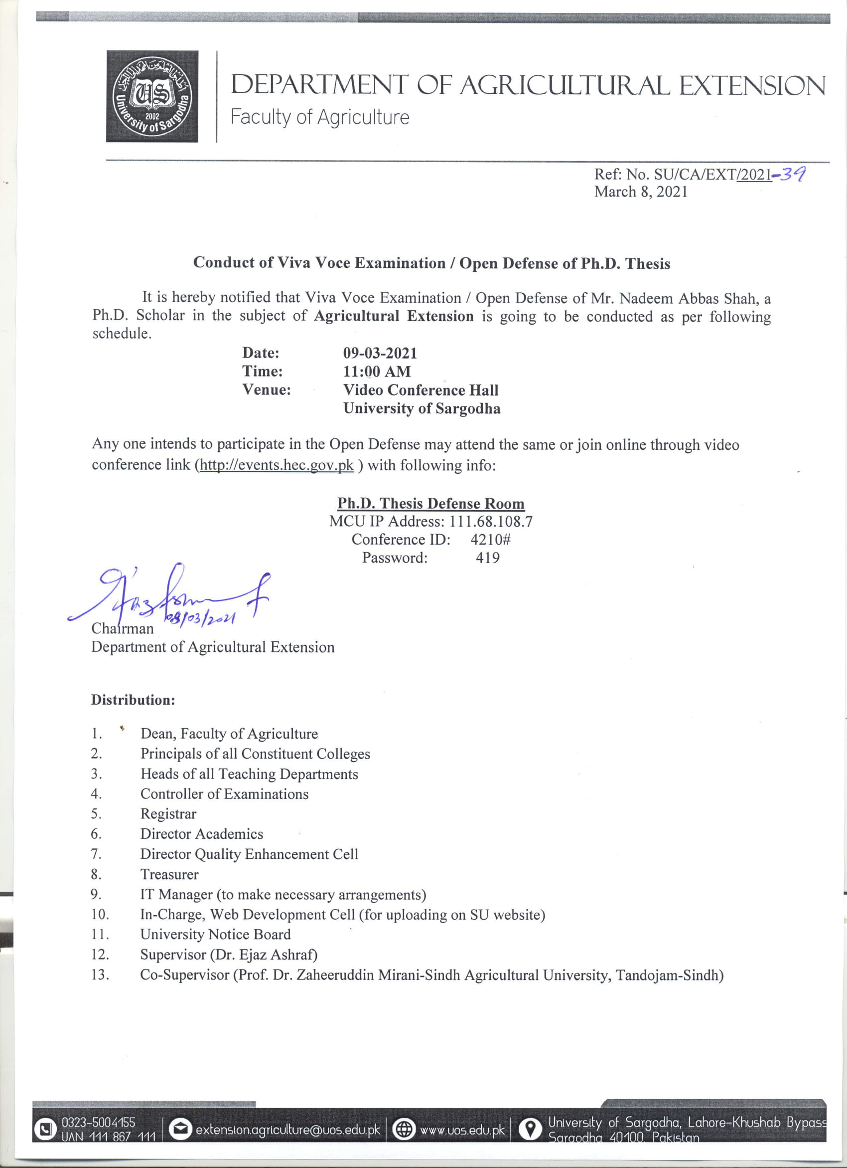 Conduct of Viva Voce Examination / Open Defense of Ph.D Thesis (College of Agriculture)